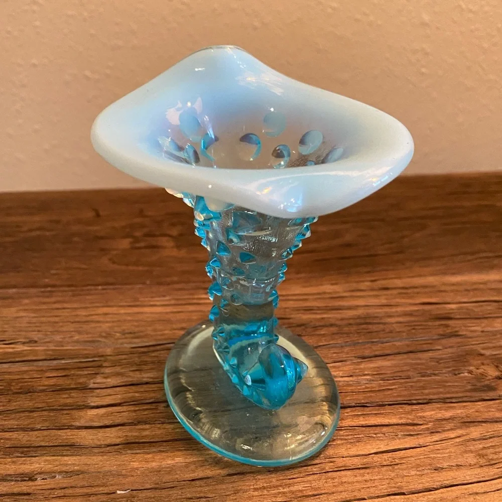 Fenton Blue Opalescent Hobnail Horn of Plenty 
Small Vase - Picture 3 of 8